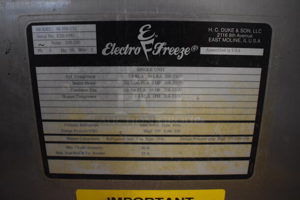 2013 Electro Freeze SL500-232 Stainless Steel Commercial Floor Style Air Cooled 2 Flavor w/ Twist Soft Serve Ice Cream Machine on Commercial Casters. 208-230 Volts, 3 Phase. 22x29x59 - Image 7 of 7