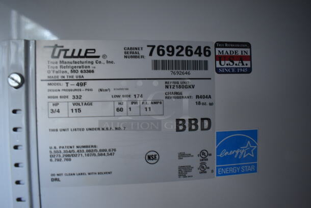 2013 True T-49F ENERGY STAR Stainless Steel Commercial 2 Door Reach In Freezer w/ Poly Coated Racks on Commercial Casters. 115 Volts, 1 Phase. 54x30x83. Tested and Working! - Image 4 of 6