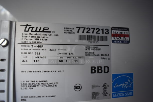 2013 True T-49F ENERGY STAR Stainless Steel Commercial 2 Door Reach In Freezer w/ Poly Coated Racks on Commercial Casters. 115 Volts, 1 Phase. 54x30x83. Tested and Working! - Image 4 of 6