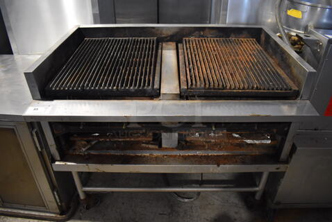 Stainless Steel Commercial Natural Gas Powered Charbroiler Grill on Commercial Casters. 48x32x40