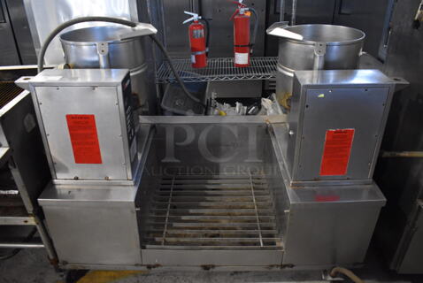 Two 2011/2015 Groen TDB-40 Stainless Steel Commercial 40 Quart Tilting Steam Kettles on Kettle Station. 208-240 Volts. 67x30.5x49