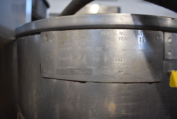 Two 2011/2015 Groen TDB-40 Stainless Steel Commercial 40 Quart Tilting Steam Kettles on Kettle Station. 208-240 Volts. 67x30.5x49 - Image 5 of 12