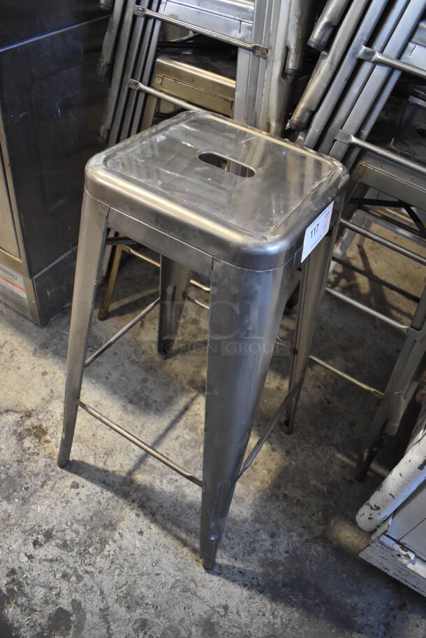 4 Gray Metal Tolix Style Bar Height Stools. Stock Picture - Cosmetic Condition May Vary. 17x17x30. 4 Times Your Bid! - Image 3 of 4
