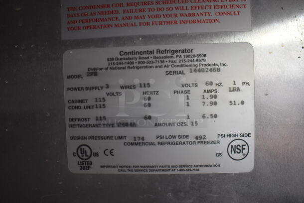 Continental 2FE Stainless Steel Commercial 2 Door Reach In Freezer on Commercial Casters. 115 Volts, 1 Phase. 54x36x82. Tested and Working! - Image 7 of 7