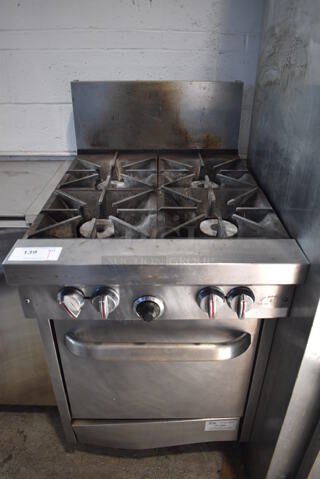 Stainless Steel Commercial Natural Gas Powered 4 Burner Range w/ Oven and Back Splash on Commercial Casters. 24x34x47