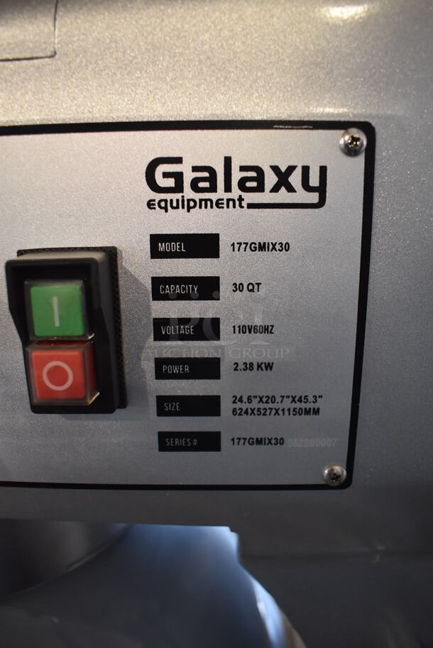 BRAND NEW SCRATCH AND DENT! Galaxy 177GMIX30 Metal Commercial Floor Style 30 Quart Planetary Dough Mixer w/ Stainless Steel Mixing Bowl, Bowl Guard, Dough Hook and Paddle Attachments. Unit Has Broken Backside Panel and Fan. 110 Volts, 1 Phase. 23x27x45. Tested and Working! - Image 3 of 11