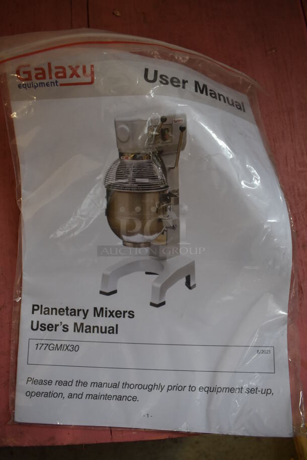 BRAND NEW SCRATCH AND DENT! Galaxy 177GMIX30 Metal Commercial Floor Style 30 Quart Planetary Dough Mixer w/ Stainless Steel Mixing Bowl, Bowl Guard, Dough Hook and Paddle Attachments. Unit Has Broken Backside Panel and Fan. 110 Volts, 1 Phase. 23x27x45. Tested and Working! - Image 10 of 11
