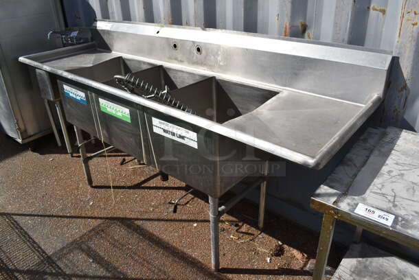 Stainless Steel Commercial 3 Bay Sink w/ Dual Drain Boards, Faucet, Handles and Spray Nozzle Attachment. 90x27x46. Bays 18x20x14. Drain Boards 16x23x1 - Image 1 of 5