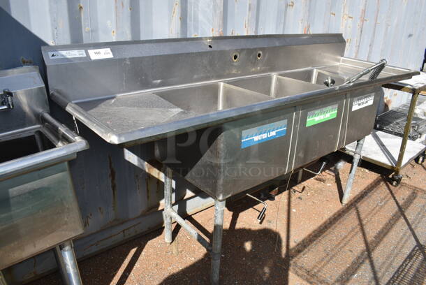 Stainless Steel Commercial 3 Bay Sink w/ Dual Drain Boards, Faucet, Handles and Spray Nozzle Attachment. 90x27x46. Bays 18x20x14. Drain Boards 16x23x1 - Image 5 of 5