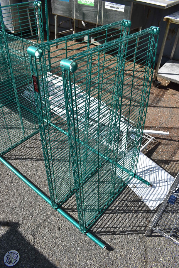 Green Finish 4 Tier Wire Shelving Unit. Missing 2 Poles. BUYER MUST DISMANTLE. PCI CANNOT DISMANTLE FOR SHIPPING. PLEASE CONSIDER FREIGHT CHARGES. 42x24x74 - Image 2 of 3