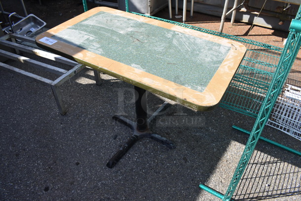 Green and Wood Pattern Dining Table on Black Metal Table Base. 42x24x28 - Image 1 of 3
