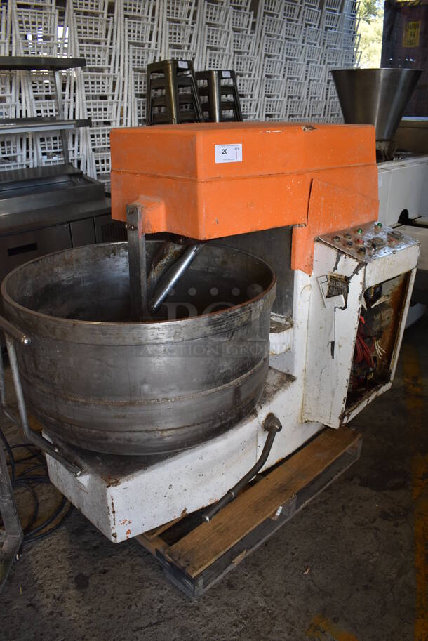 Metal Commercial Floor Style Spiral Mixer w/ Metal Mixing Bowl and Dough Hook Attachment. 460 Volts, 3 Phase. 36x63x55