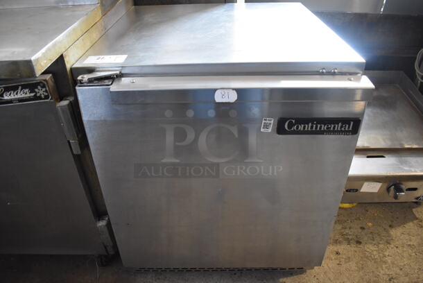 Continental UC27 Stainless Steel Commercial Single Door Undercounter Cooler on Commercial Casters. 115 Volts, 1 Phase. 28x30.5x32. Tested and Powers On But Does Not Get Cold