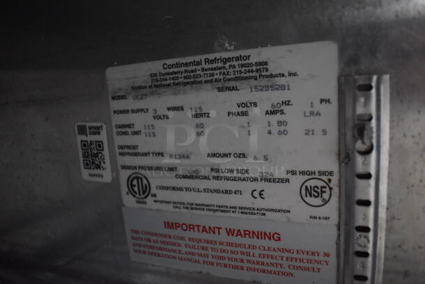 Continental UC27 Stainless Steel Commercial Single Door Undercounter Cooler on Commercial Casters. 115 Volts, 1 Phase. 28x30.5x32. Tested and Powers On But Does Not Get Cold - Image 4 of 5