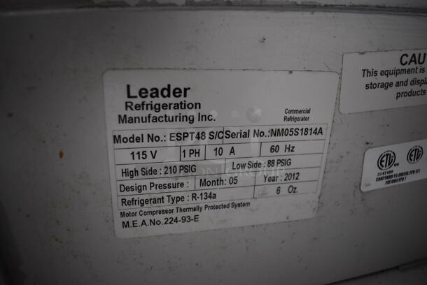 2012 Leader ESPT48 S/C Stainless Steel Commercial Pizza Prep Table on Commercial Casters. 115 Volts, 1 Phase. 48x35x45. Tested and Working! - Image 4 of 7