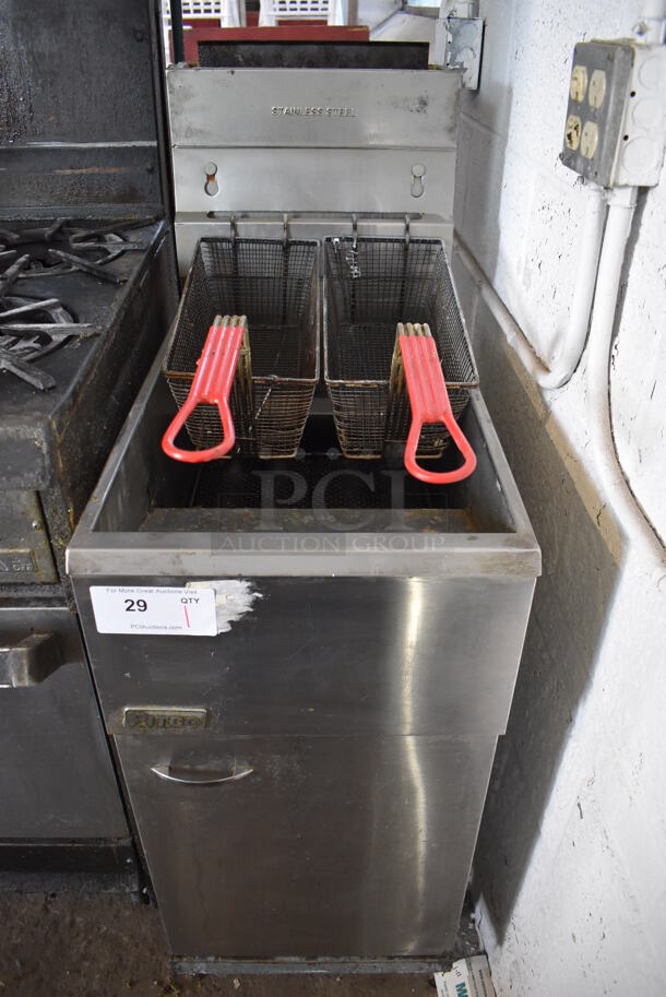 204 Pitco Frialator 40D Stainless Steel Commercial Floor Style Natural Gas Powered Deep Fat Fryer w/ 2 Metal Fry Baskets. 115,000 BTU. 15.5x30x47.5 - Image 1 of 6