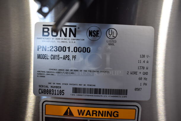Bunn CW15-APS Stainless Steel Commercial Countertop Coffee Machine w/ Poly Brew Basket. Comes in Pink Wooden Box. Stock Picture - Cosmetic Condition May Vary. 120 Volts, 1 Phase. 8x18.5x23.5
 - Image 4 of 7