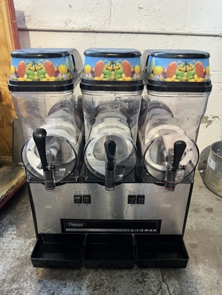 Omega OFS30 Stainless Steel Commercial Countertop 3 Hopper Slushie Machine in Wooden Box. 110 Volts, 1 Phase.  23x19x30.5. Tested and Does Not Power On
