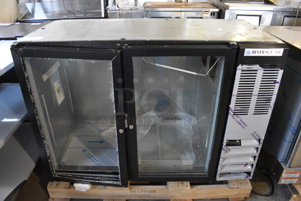 BRAND NEW SCRATCH AND DENT! Beverage-Air BB48HC-1-G-B-WINE Stainless Steel Commercial 48" Back Bar 2 Door Cooler Merchandiser. See Pictures For Glass Damage to Left Door. 115 Volts, 1 Phase. 48x23.5x34. Tested and Working! - Image 1 of 8