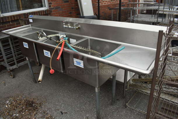 Stainless Steel Commercial 3 Bay Sink w/ Dual Drain Boards, Faucet, Handles and Spray Nozzle Attachment. 93.5x24x43. Bays 18x18x12. Drain Boards 16x20x2