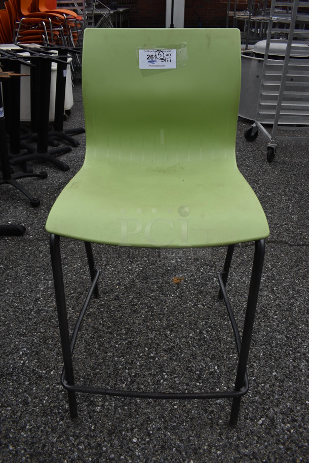 8 Green Poly Bar Height Chairs on Metal Legs. Stock Picture - Cosmetic Condition May Vary. 20x24x38. 8 Times Your Bid!