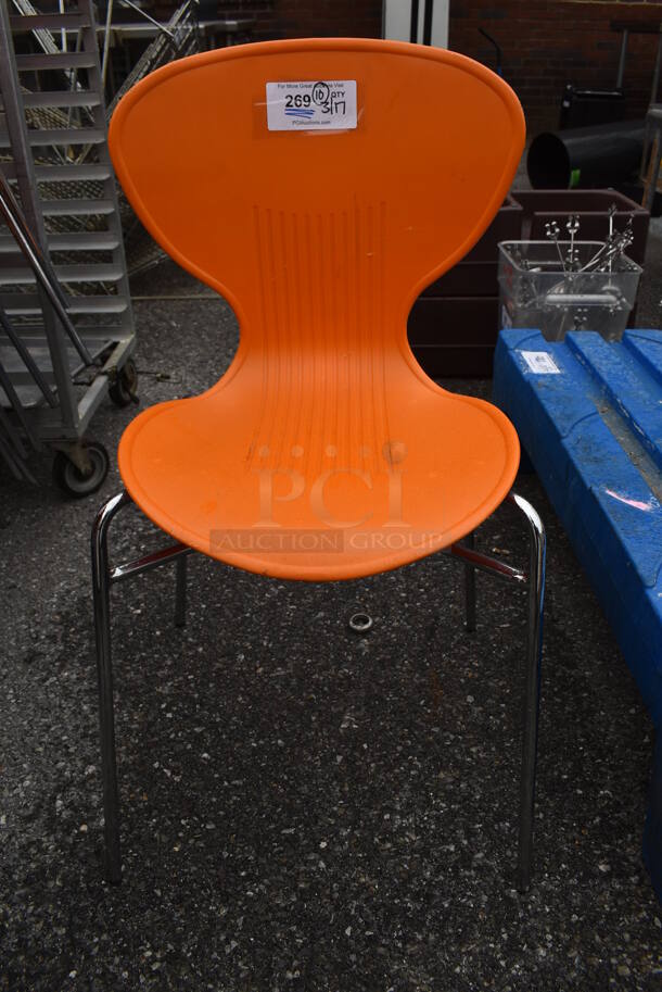 10 Orange Poly Dining Height Chairs on Metal Legs. Stock Picture - Cosmetic Condition May Vary. 18x16x32. 10 Times Your Bid!