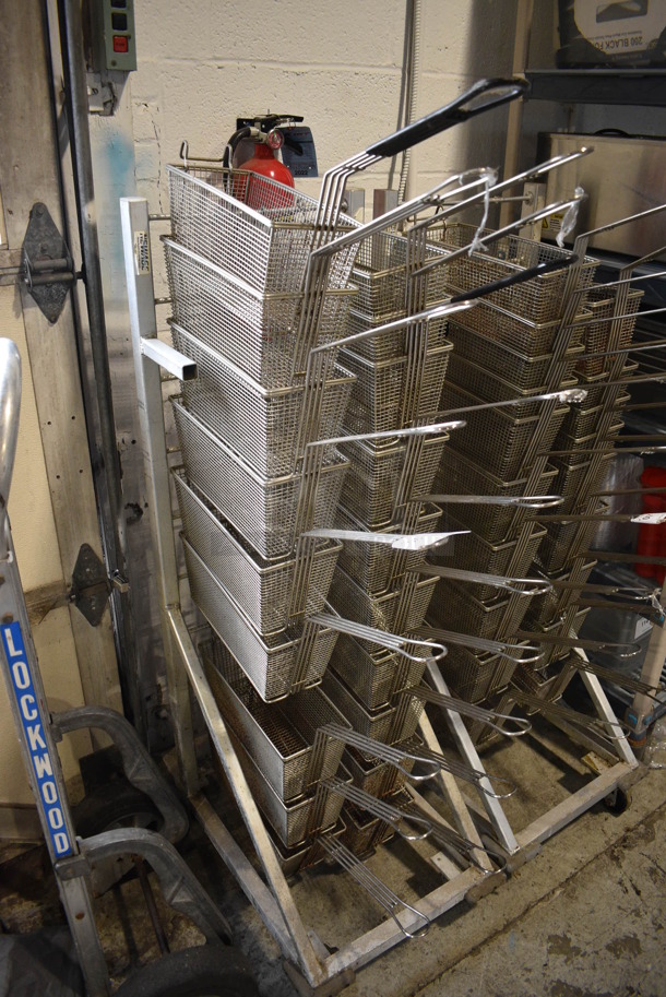 Metal Commercial Floor Style Fry Basket Dolly w/ 19 Metal Fry Baskets on Commercial Casters. 18x27x53 - Image 1 of 5