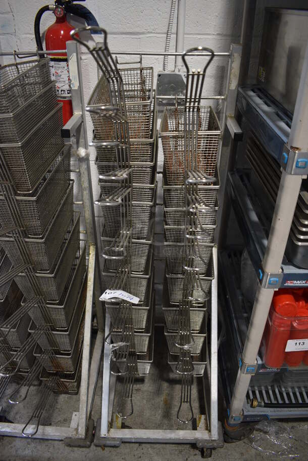 Metal Commercial Floor Style Fry Basket Dolly w/ 19 Metal Fry Baskets on Commercial Casters. 18x27x53 - Image 1 of 4