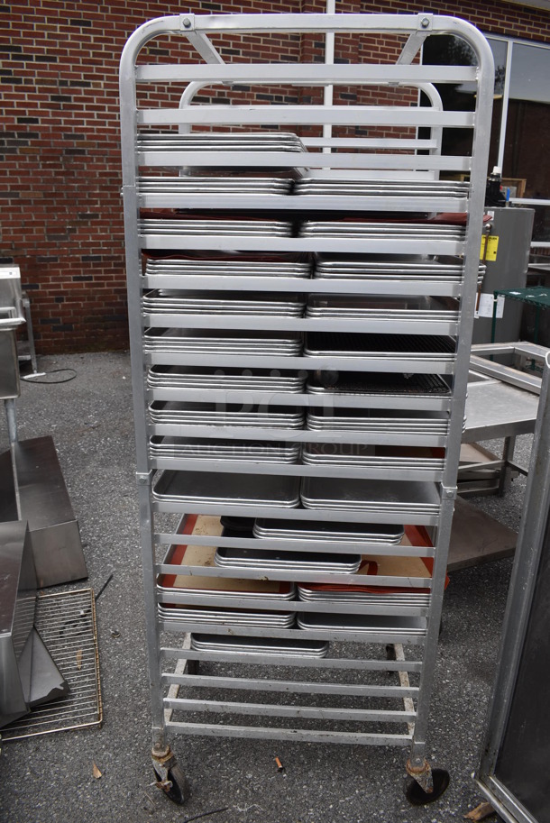 Metal Commercial Pan Transport Rack w/ 82 Metal Half Size Baking Pans on Commercial Caster. 20.5x26x68 - Image 4 of 5