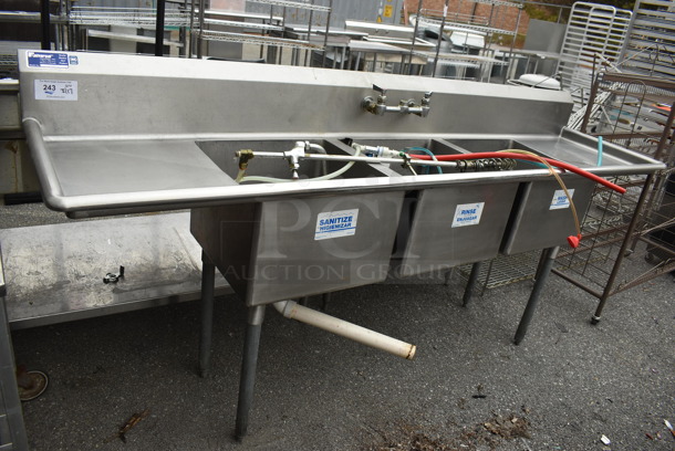 Stainless Steel Commercial 3 Bay Sink w/ Dual Drain Boards, Faucet, Handles and Spray Nozzle Attachment. 93.5x24x43. Bays 18x18x12. Drain Boards 16x20x2 - Image 2 of 6