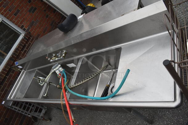 Stainless Steel Commercial 3 Bay Sink w/ Dual Drain Boards, Faucet, Handles and Spray Nozzle Attachment. 93.5x24x43. Bays 18x18x12. Drain Boards 16x20x2 - Image 3 of 6