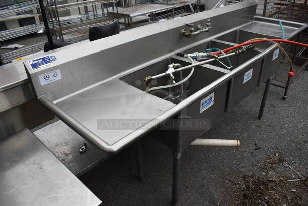 Stainless Steel Commercial 3 Bay Sink w/ Dual Drain Boards, Faucet, Handles and Spray Nozzle Attachment. 93.5x24x43. Bays 18x18x12. Drain Boards 16x20x2 - Image 5 of 6