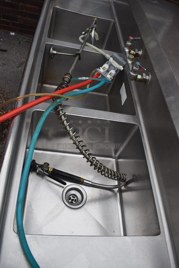 Stainless Steel Commercial 3 Bay Sink w/ Dual Drain Boards, Faucet, Handles and Spray Nozzle Attachment. 93.5x24x43. Bays 18x18x12. Drain Boards 16x20x2 - Image 6 of 6