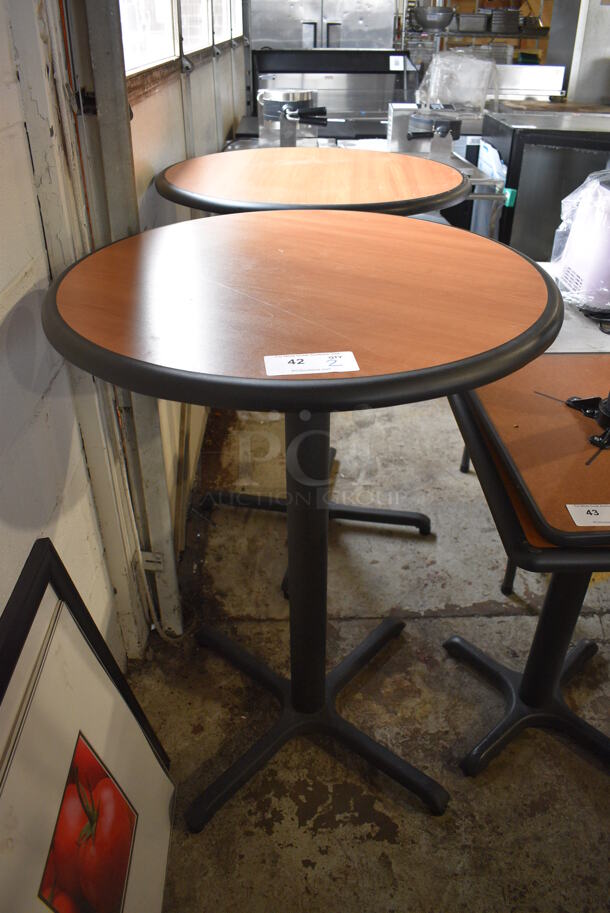 2 Wood Pattern Round Bar Height Table on Black Metal Table Base. 30x30x42