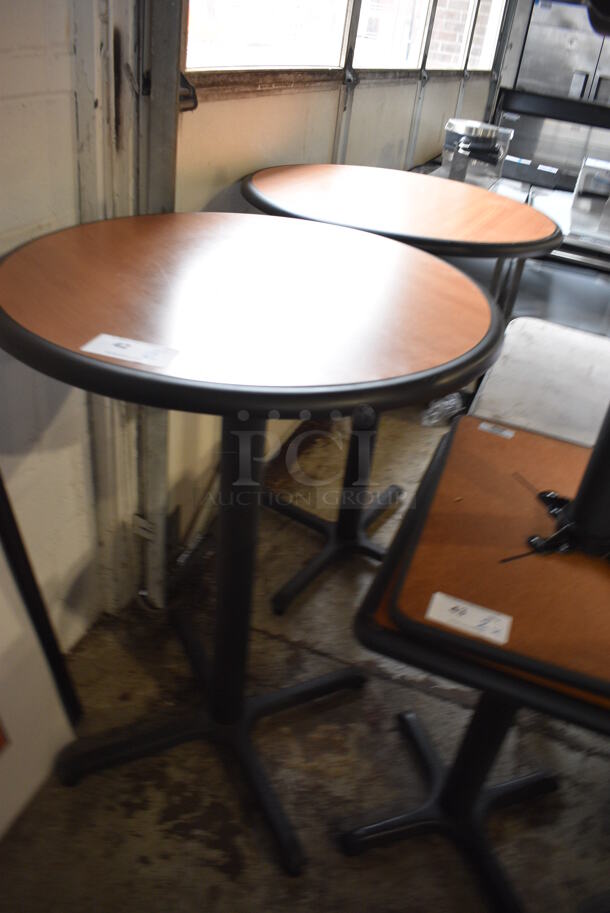 2 Wood Pattern Round Bar Height Table on Black Metal Table Base. 30x30x42 - Image 2 of 5