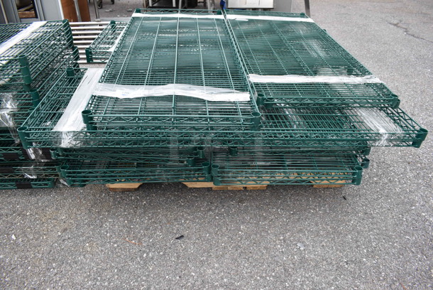 ALL ONE MONEY! Lot of 51 Various Green Finish Wire Shelves. Includes 54x24x1.5, 60x24x1.5