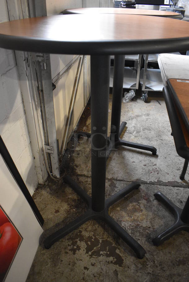 2 Wood Pattern Round Bar Height Table on Black Metal Table Base. 30x30x42 - Image 5 of 5