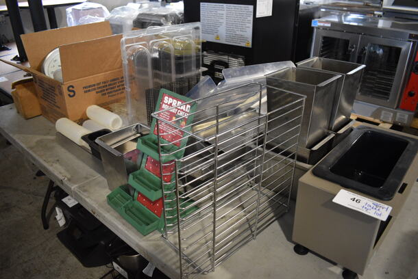 ALL ONE MONEY! Tabletop Lot of Various Items Including Stainless Steel Drop In Bins, Poly Condiment Bottles and Fake Display Pretzels