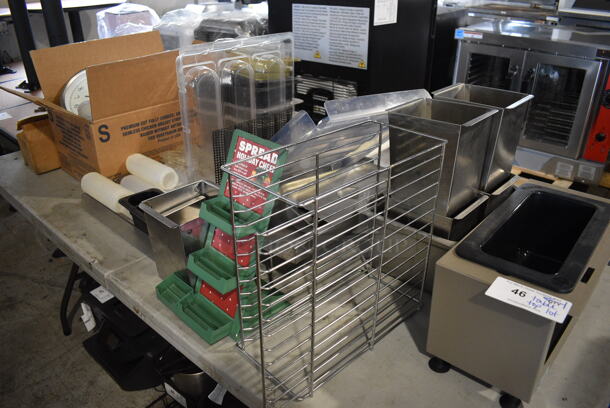 ALL ONE MONEY! Tabletop Lot of Various Items Including Stainless Steel Drop In Bins, Poly Condiment Bottles and Fake Display Pretzels - Image 1 of 8