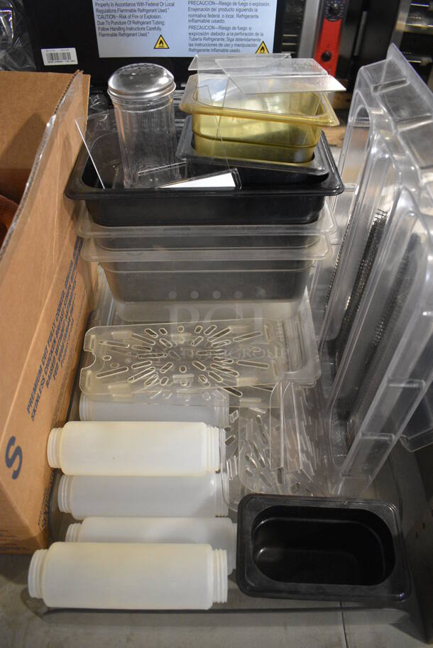 ALL ONE MONEY! Tabletop Lot of Various Items Including Stainless Steel Drop In Bins, Poly Condiment Bottles and Fake Display Pretzels - Image 4 of 8