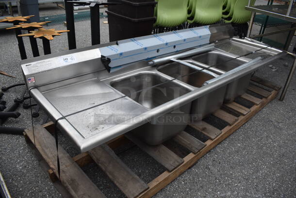 BRAND NEW SCRATCH AND DENT! Eagle 314-16-3-18 Stainless Steel Commercial 3 Bay Sink w/ Dual Drain Boards. 90x27.5x22. Bays 16x20x12. Drain Boards 16x23x1 - Image 1 of 7