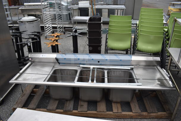 BRAND NEW SCRATCH AND DENT! Eagle 314-16-3-18 Stainless Steel Commercial 3 Bay Sink w/ Dual Drain Boards. 90x27.5x22. Bays 16x20x12. Drain Boards 16x23x1 - Image 2 of 7