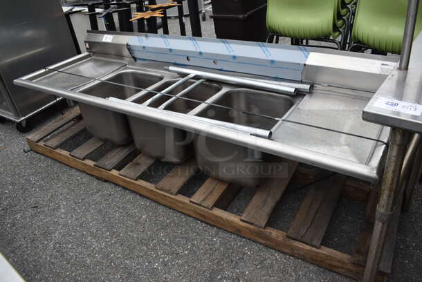 BRAND NEW SCRATCH AND DENT! Eagle 314-16-3-18 Stainless Steel Commercial 3 Bay Sink w/ Dual Drain Boards. 90x27.5x22. Bays 16x20x12. Drain Boards 16x23x1 - Image 3 of 7