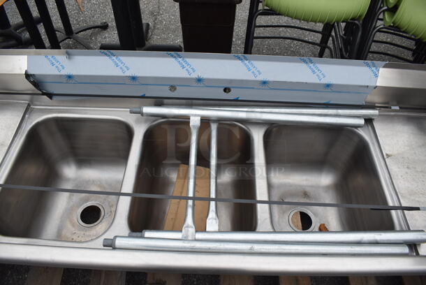 BRAND NEW SCRATCH AND DENT! Eagle 314-16-3-18 Stainless Steel Commercial 3 Bay Sink w/ Dual Drain Boards. 90x27.5x22. Bays 16x20x12. Drain Boards 16x23x1 - Image 5 of 7