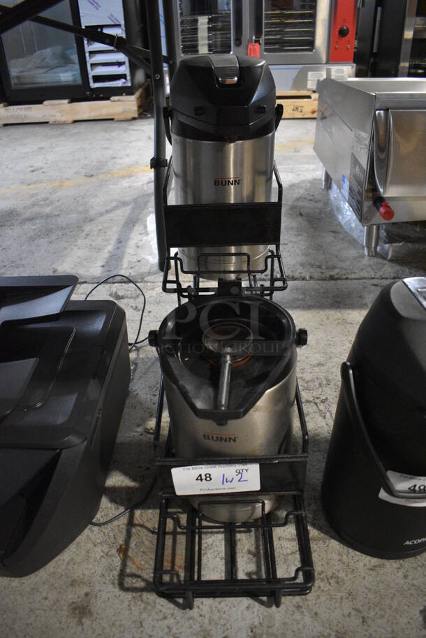 Black Metal Countertop Air Pot Stand w/ 2 Bunn Stainless Steel Air Pots. One Missing Lid. 7.5x24.5x22 - Image 1 of 5