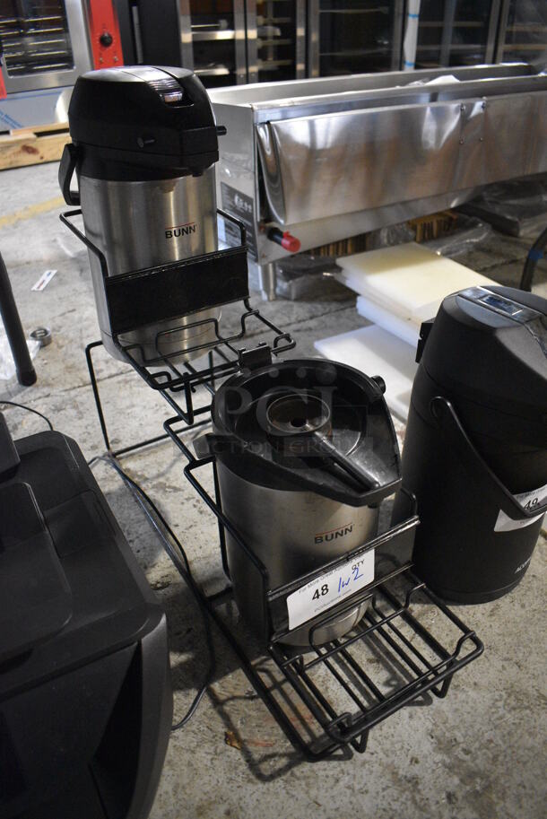 Black Metal Countertop Air Pot Stand w/ 2 Bunn Stainless Steel Air Pots. One Missing Lid. 7.5x24.5x22 - Image 2 of 5