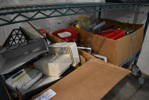 ALL ONE MONEY! Tier Lot of Various Items Including Drip Trays, Poly Buckets, Scraper and Brother Label Printer
