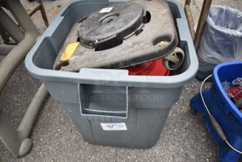 Gray Poly Trash Can w/ Dollies and Chef Master Lettuce Spinner. Includes 21x24x22.5