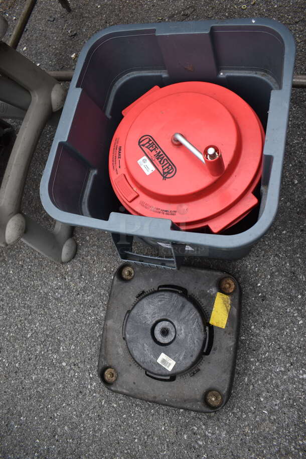 Gray Poly Trash Can w/ Dollies and Chef Master Lettuce Spinner. Includes 21x24x22.5 - Image 2 of 6