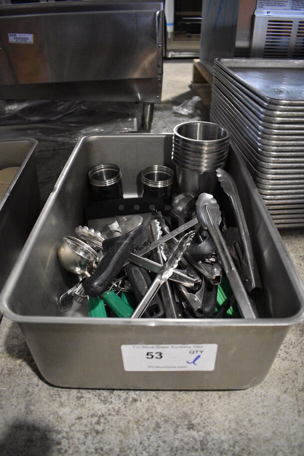 ALL ONE MONEY! Lot of Various Items Including Utensils and Metal Cylindrical Bins in Metal Bin